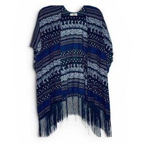 JC Sunny Just Classic Black & Blue Paisley Print Fringe open Kimono Top O/S